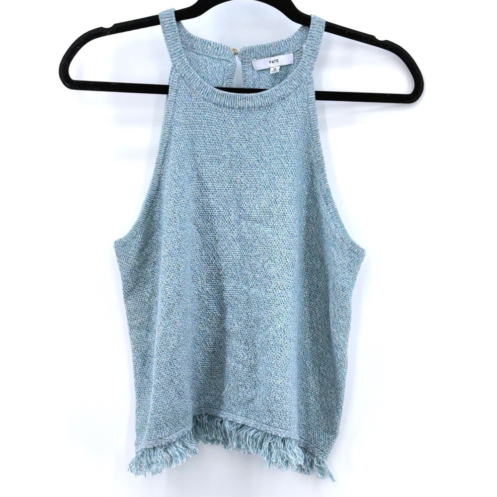Boho Fringe Knit Halter Top - Pale Blue Sleeveless Cropped Festival Tank, Fate M